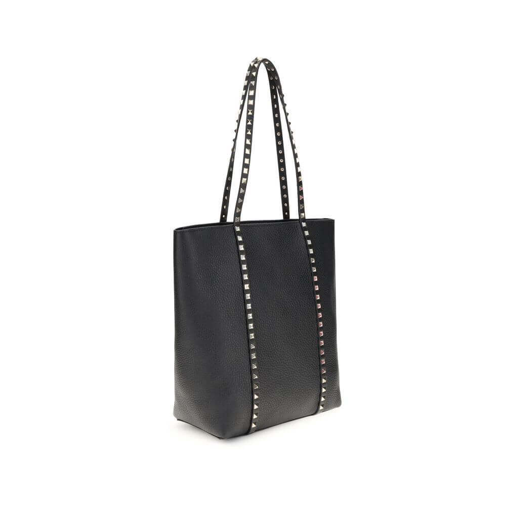 Valentino Garavani Black Calf Leather Bos Taurus Shoulder Bag with iconic platinum-finish studs and elegant design.