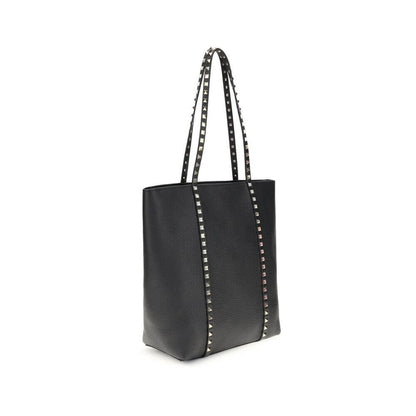 Valentino Garavani Black Calf Leather Bos Taurus Shoulder Bag with iconic platinum-finish studs and elegant design.