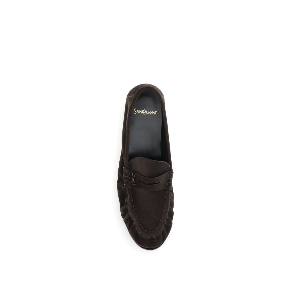 Saint Laurent Brown Calf Leather Bos Taurus Slip-On Loafers with gold Cassandre detail and hand-stitched moc toe, top view.