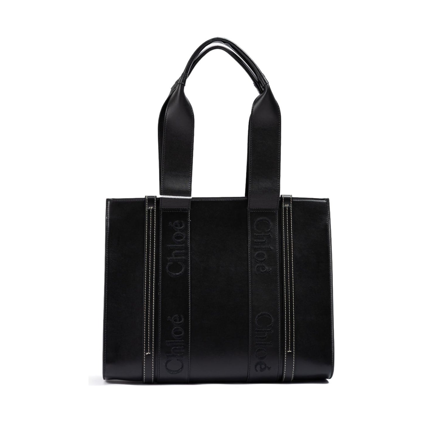 Chloé Black Woody Embroidered Logo Leather Medium Tote Bag CHL-240725