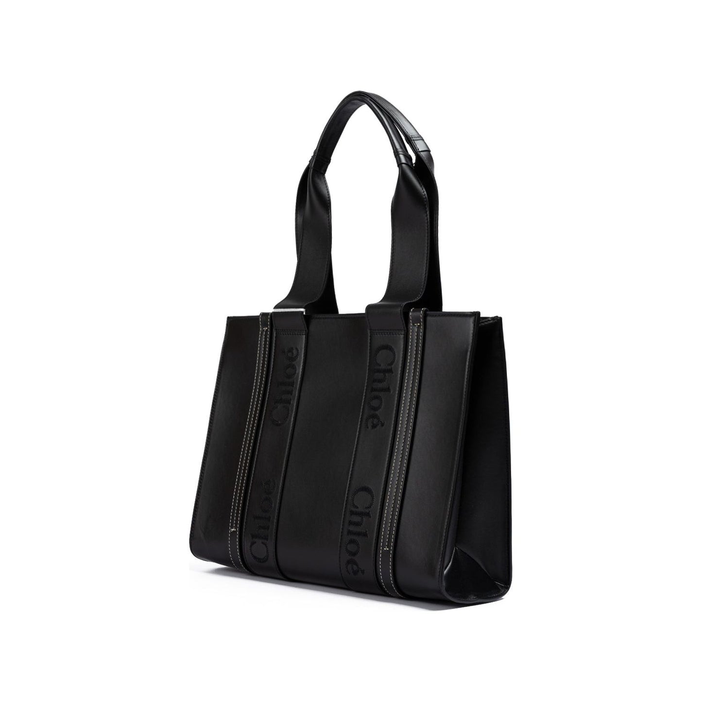 Chloé Black Woody Embroidered Logo Leather Medium Tote Bag CHL-240725