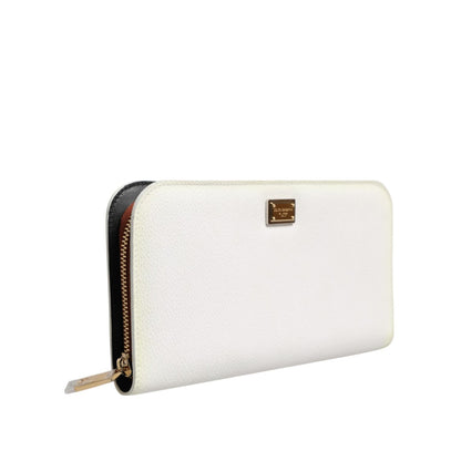 Dolce & Gabbana White Leather Logo Plaque Zip Around Continental Wallet