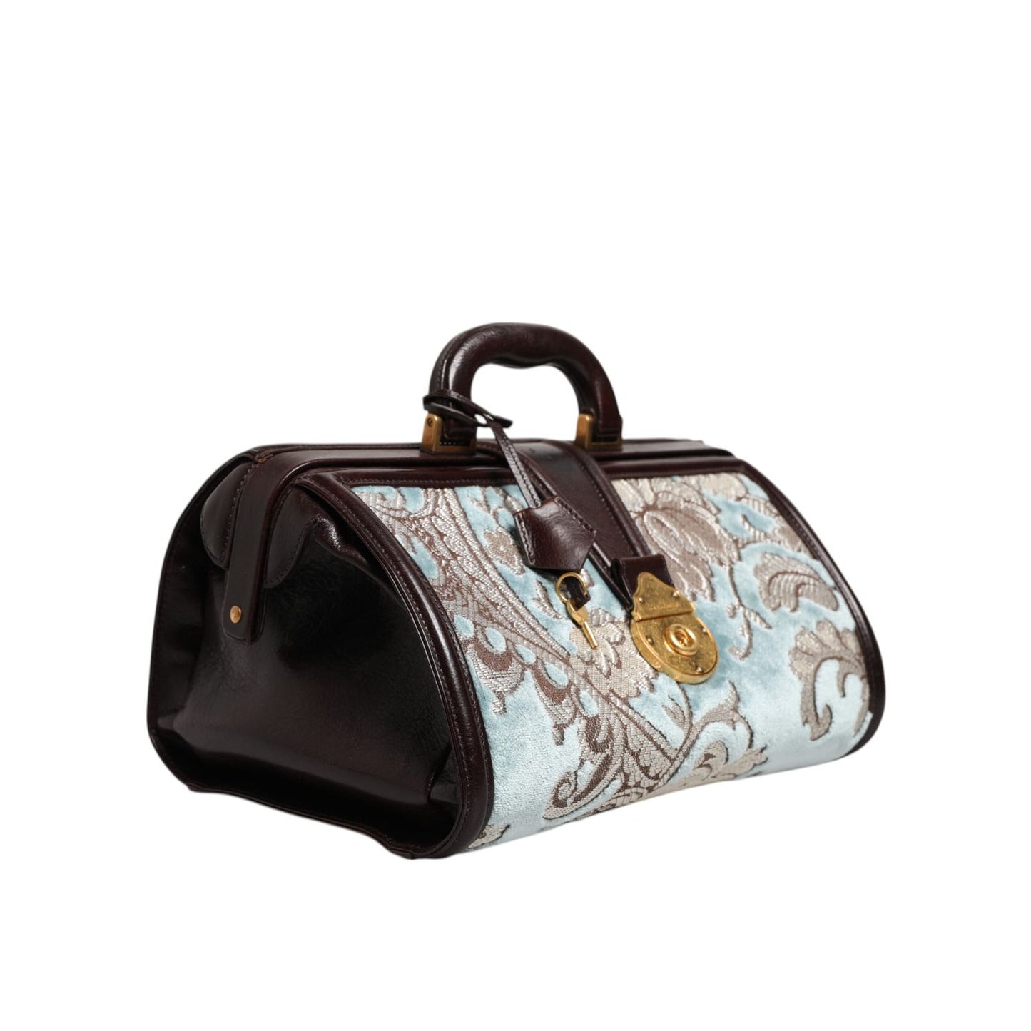 Dolce & Gabbana Blue Brown Leather Floral Jacquard Travel Handbag Bag