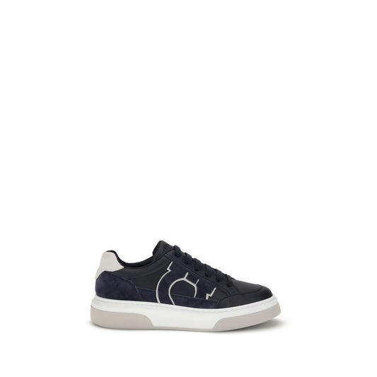 Ferragamo Blue Calf Leather Bos Taurus Low Top Sneakers with suede inserts and Gancini detail, stylish retro design.