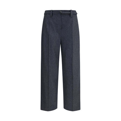 Brunello Cucinelli Gray Fleece Wool Casual Pants with wide straight leg and adjustable strap, featuring front zip-and-hook closure.