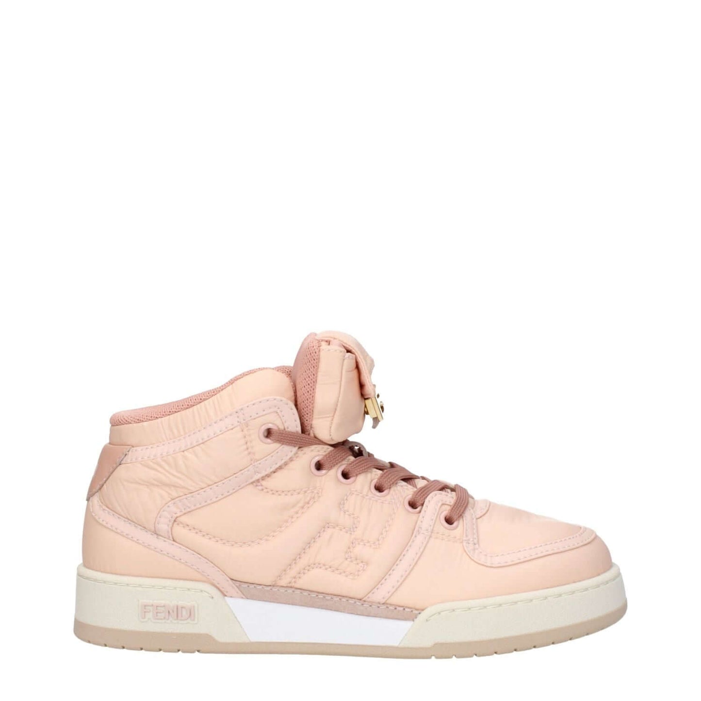 Fendi Pink Nylon High Top Sneakers with side logo, lace-up closure, rubber sole, and round toe design in peach secondary color.
