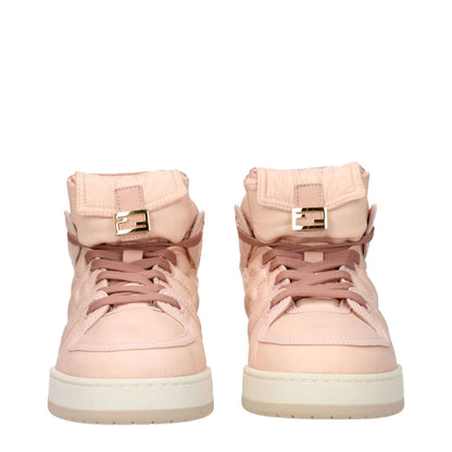 Fendi Pink Nylon High Top Sneakers with logo details, lace-up closure, round toe, and rubber sole, viewed from the front.
