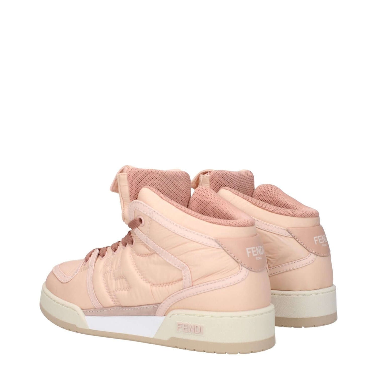 Fendi Pink Nylon High Top Sneakers with front, side, and back logos, lace-up closure, in peach shade. Round toe, rubber sole, mid heels.