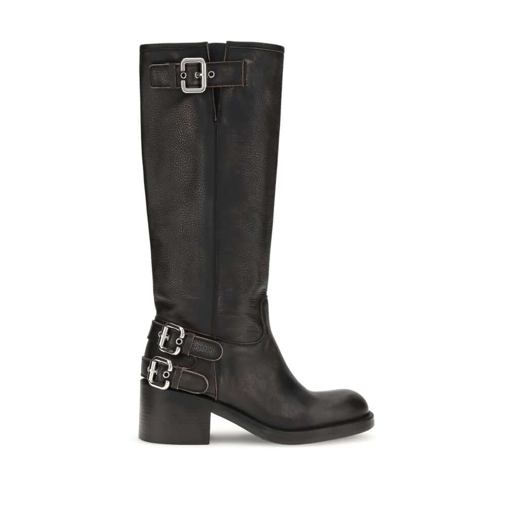 Chloé Black Calf Leather Bos Taurus Lace-Up Boots with silver buckles and tubular shaft, Dakota biker style, AW25 collection.