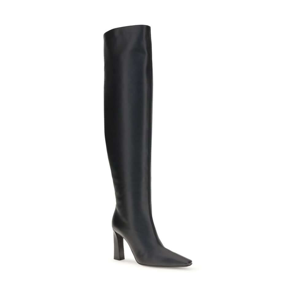 Giuseppe Zanotti Black Leather Over The Knee boot with almond toe and squared heel, crafted from soft leather; a bold accessory for AW25.