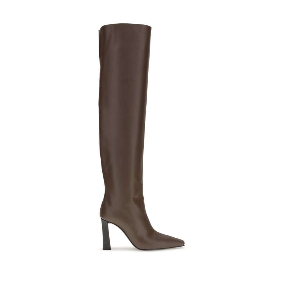 Alt Tag: Giuseppe Zanotti Brown Leather Over The Knee boot with almond toe and squared heel.