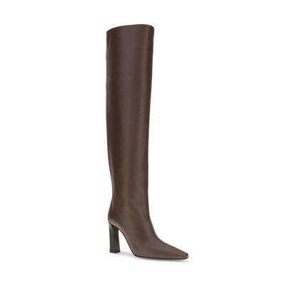 Giuseppe Zanotti Brown Leather Over The Knee boots with almond toe and squared heel, elegant extra high leather footwear for AW25.