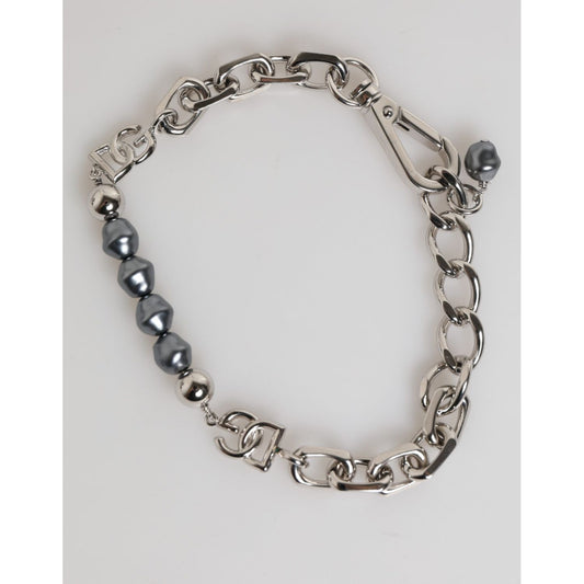 Dolce & Gabbana Silver Tone Chain Lobster Clasp Logo Gray Pearls Bracelet SMY11192