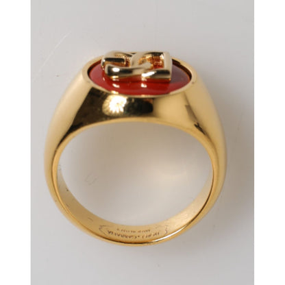 Dolce & Gabbana Gold Tone Real Brass Round Red DG Logo Men Ring