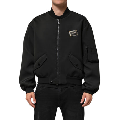 Dolce & Gabbana Black Polyester Logo Plaque Bomber Jacket