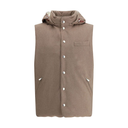 Brunello Cucinelli Brown Wool Clothing - High-necked vest with hood, snap-button closure, and zip pockets for AW25 season.