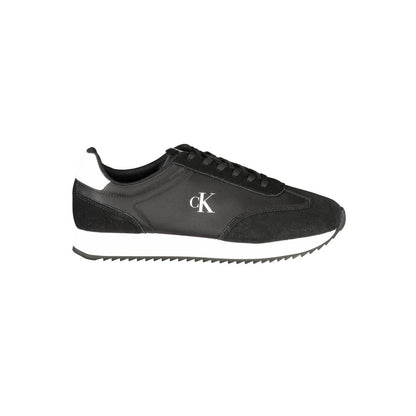 Calvin Klein Black Leather Men Sneaker with white accents and logo, perfect for active fashion-forward individuals.
