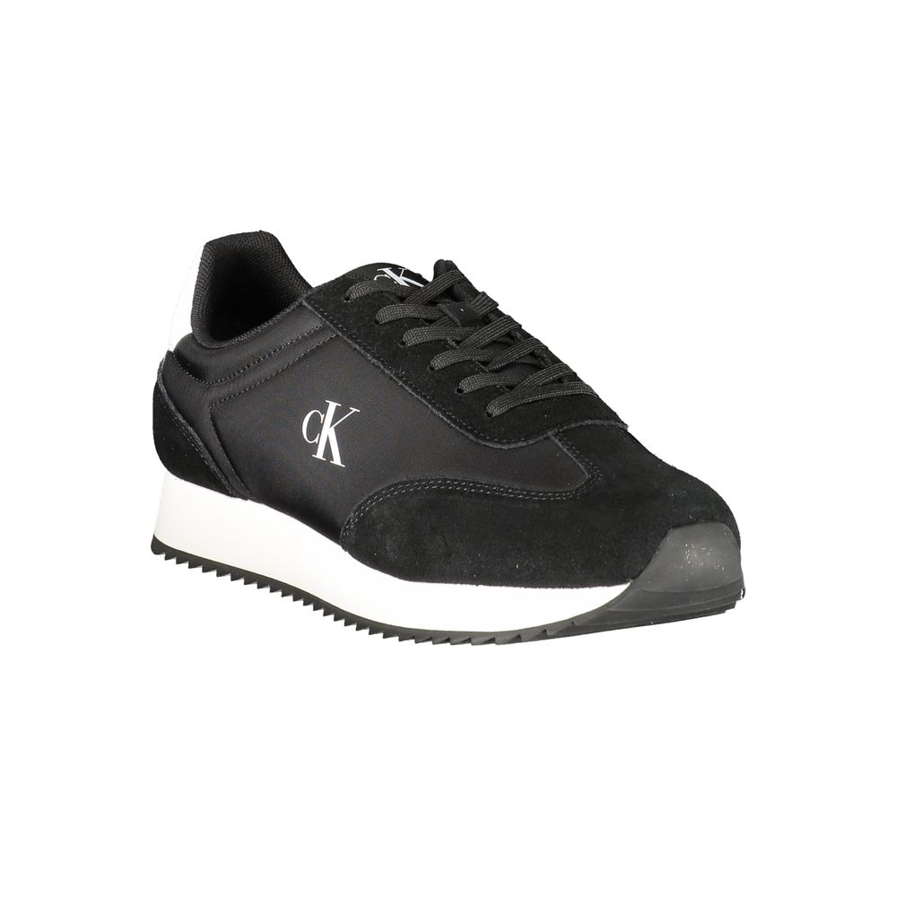 Calvin Klein Black Leather Men Sneaker with white accents, featuring the iconic CK logo, ideal for fashion-forward athletic style.