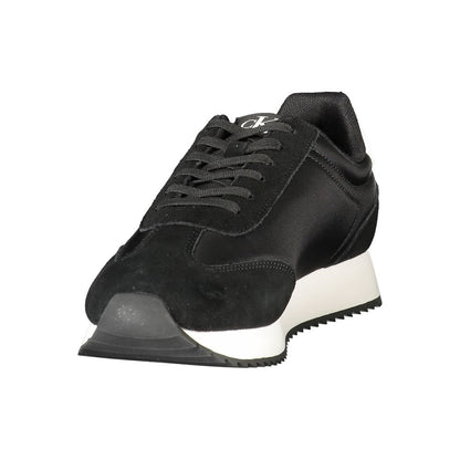 Calvin Klein Black Leather Men Sneaker with white accents and logo, showcasing sleek style and refined athleticism.