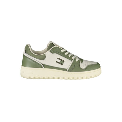 Tommy Hilfiger Green Leather Men Sneaker with white accents, dynamic style and removable footbed for comfort; features iconic logo