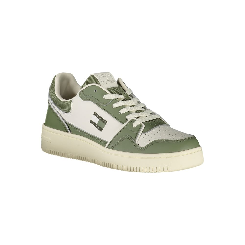 Tommy Hilfiger Green Leather Men Sneaker with white accents and iconic logo, featuring lace-up design and removable footbed for comfort.