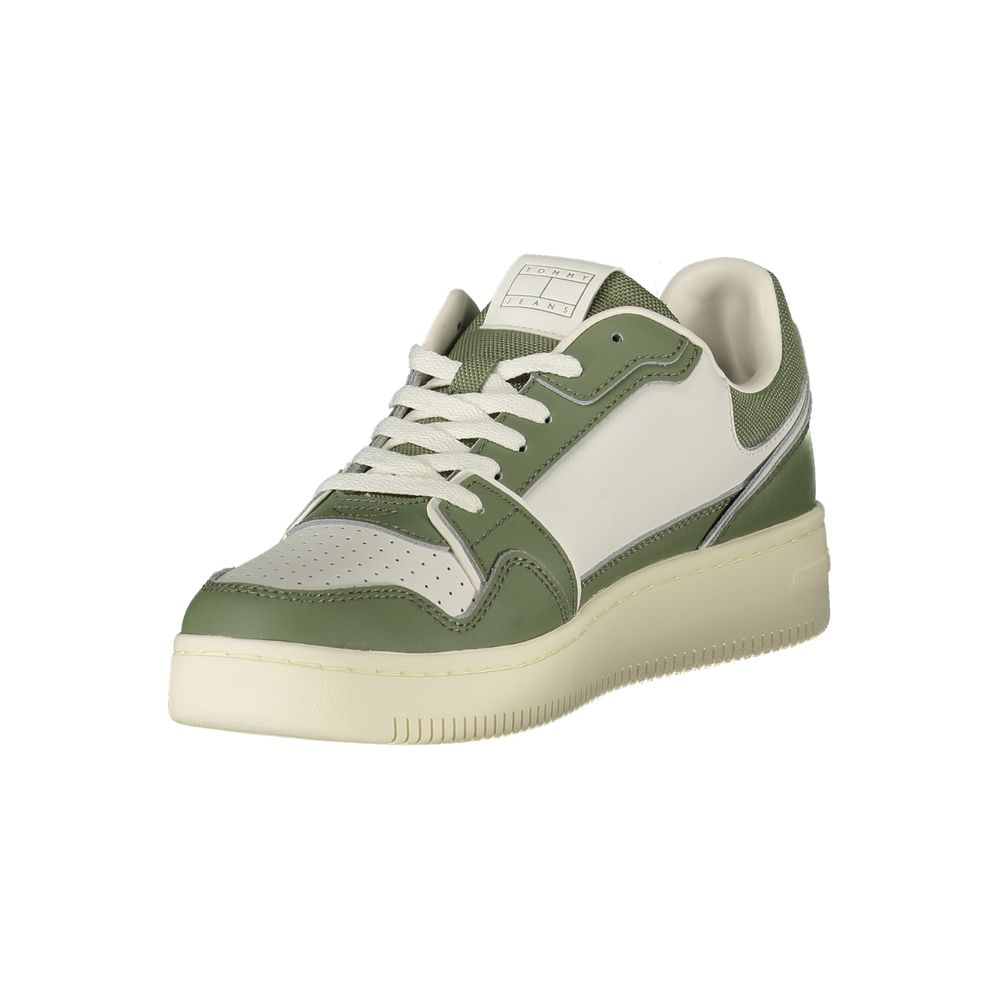 Tommy Hilfiger Green Leather Men Sneaker features green leather with white accents, lace-up design, and Tommy logo, offering fashion and comfort.