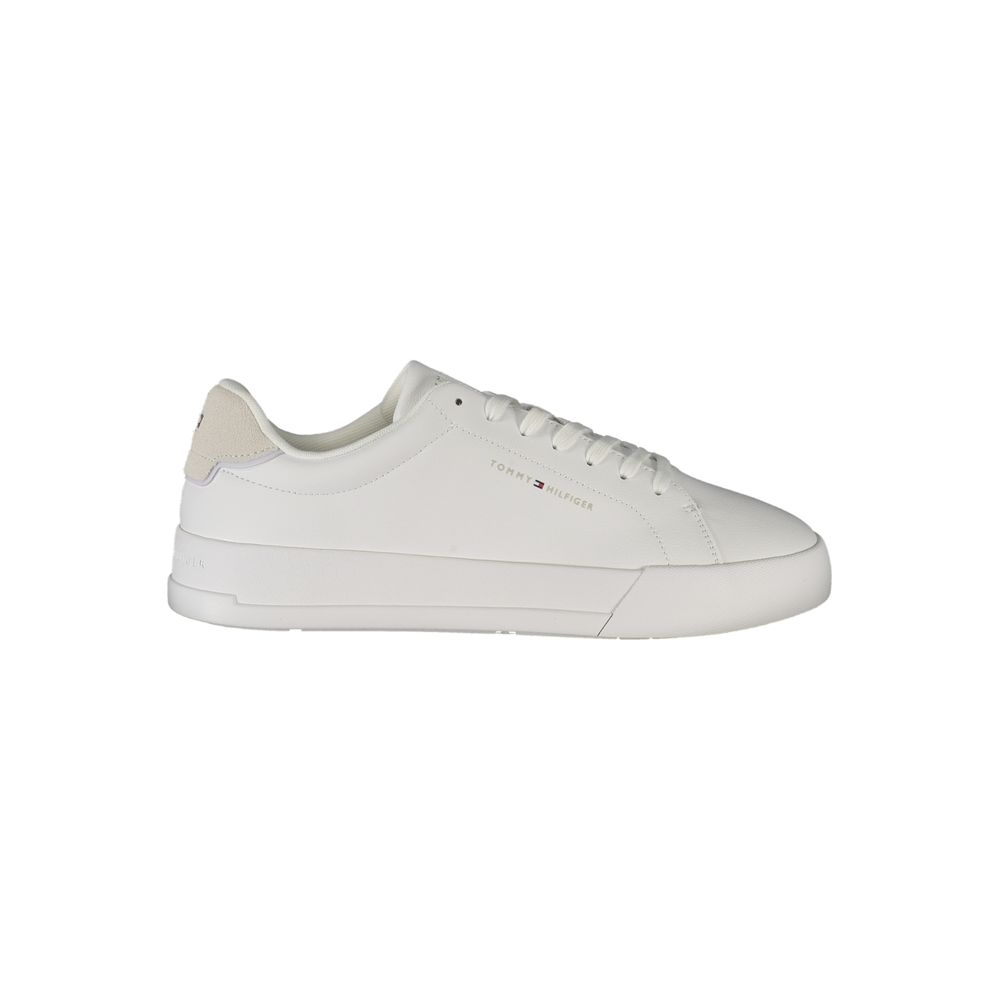 Tommy Hilfiger White Leather Men Sneaker with grey accents and logo, offering casual sophistication and style.