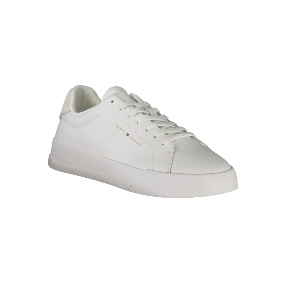 Tommy Hilfiger White Leather Men Sneaker with grey accents and logo, perfect for casual sophistication and style.
