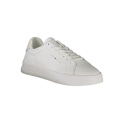 Tommy Hilfiger White Leather Men Sneaker with grey accents and logo, perfect for casual sophistication and style.