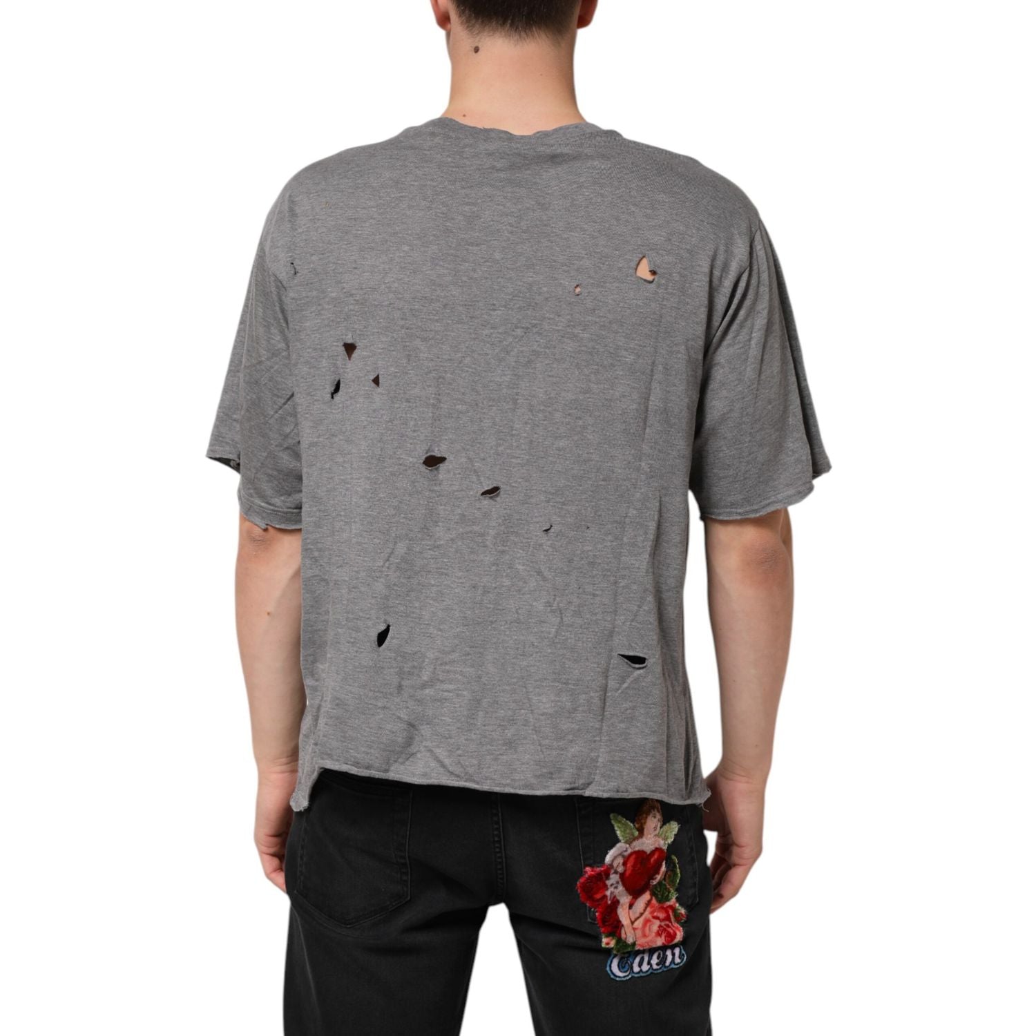 Dolce & Gabbana Gray Cotton Tattered Logo Patch Men T-shirt