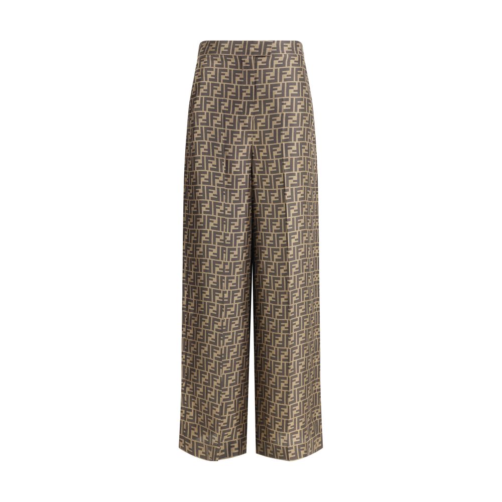 Fendi Brown Silk Casual Pants with monogram pattern, high waist, palazzo cut, and button closure, offering elegance and timeless appeal.