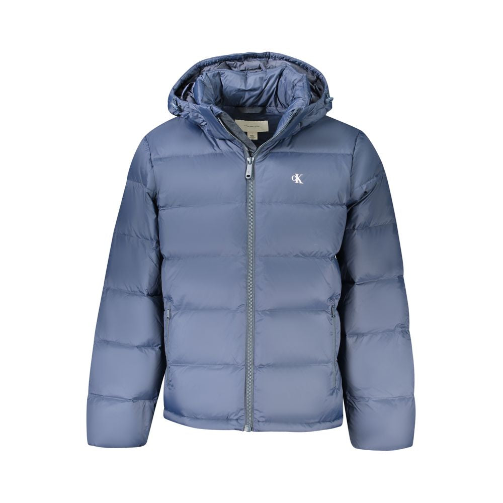 Calvin Klein Blue Polyamide Men Jacket with removable hood and eco-friendly design offering wind and water resistance.