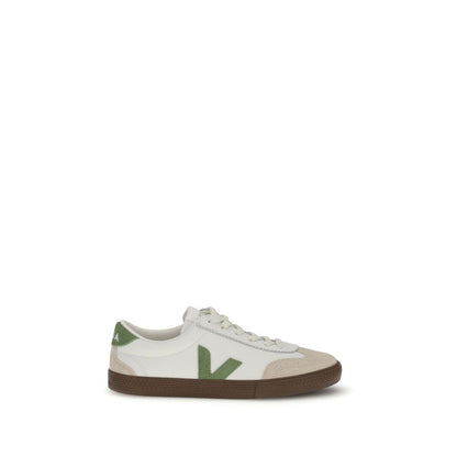 Veja White Leather Low Top Sneakers featuring a rounded toe, lace-up closure, flat sole, and side-stitched 'V' for a sustainable style.