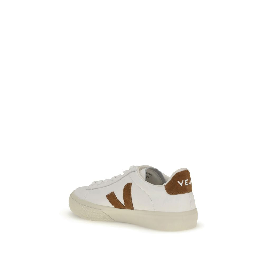 Veja White Leather Low Top Sneakers with brown heel logo and side-stitched V, flat sole, rounded toe, and lace-up closure for comfort.