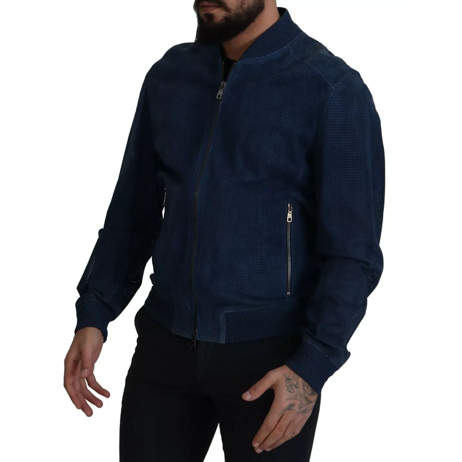 Dolce & Gabbana Blue Leather Perforated Full Zip Jacket