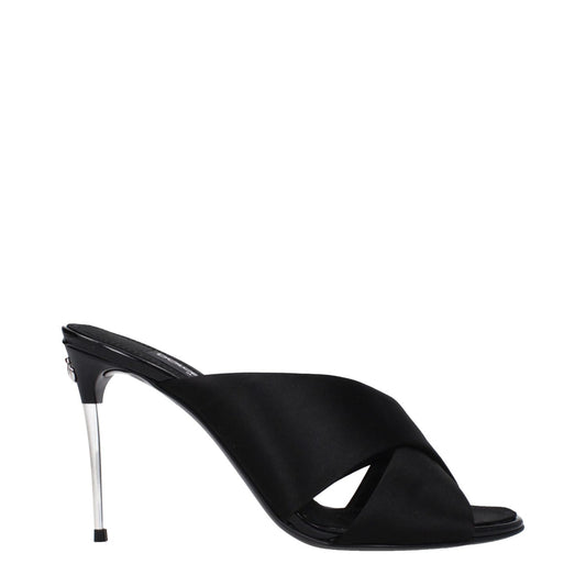 Dolce & Gabbana Black Satin Stiletto Heel Sandals with 9.5 cm high heel, open toe design, and leather sole.