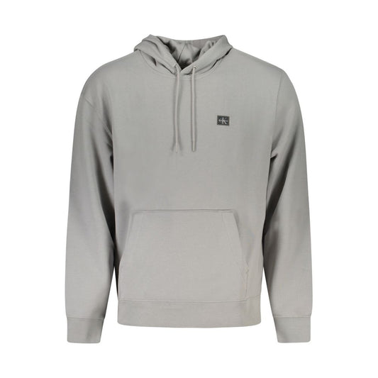 Calvin Klein Gray Recycled Polyester Men Sweater with hood, brushed interior, and pocket featuring applique logo, showcasing eco-friendly fashion.