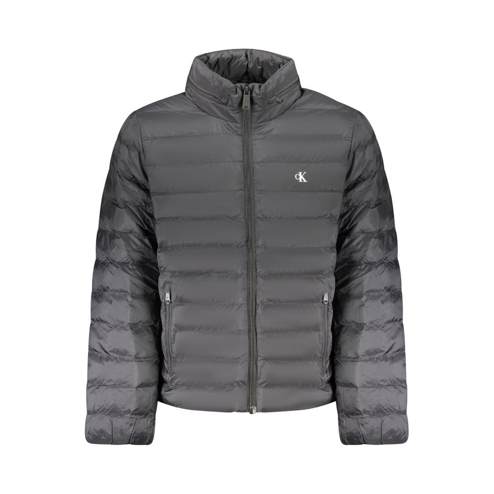 Calvin Klein Black Polyamide Men Jacket with zip front, removable hood, and logo, offering water and wind resistance for stylish protection.