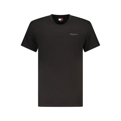 Tommy Hilfiger Black Cotton Men T-Shirt with logo, short-sleeved crewneck, sustainable material, casual luxury fashion style.