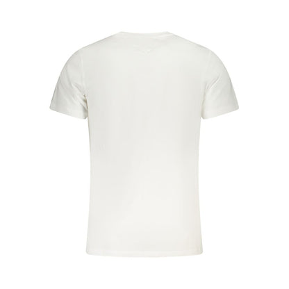 Back of Tommy Hilfiger White Cotton Men T-Shirt with crew neck, made of 95% regenerative cotton, showcasing minimalist style.