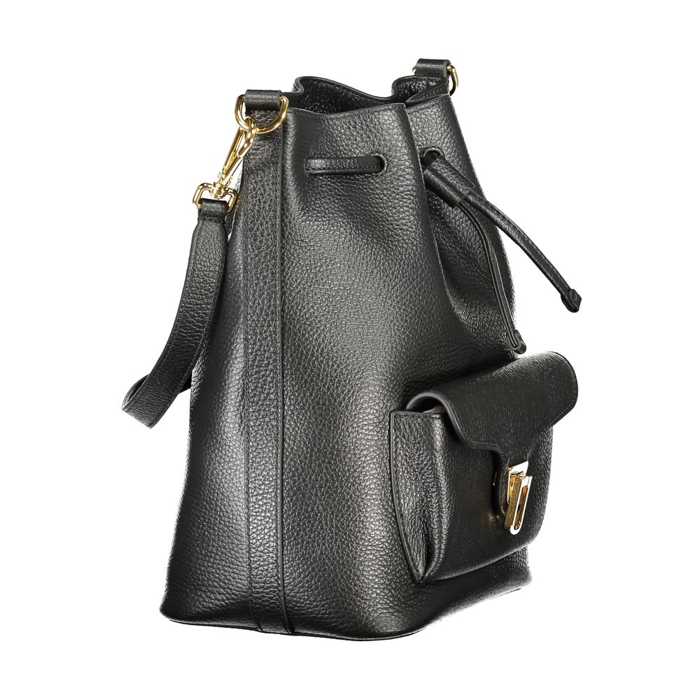 Coccinelle Black Leather Women Handbag with adjustable strap, exterior pocket, and twist closure, stylish and functional design.