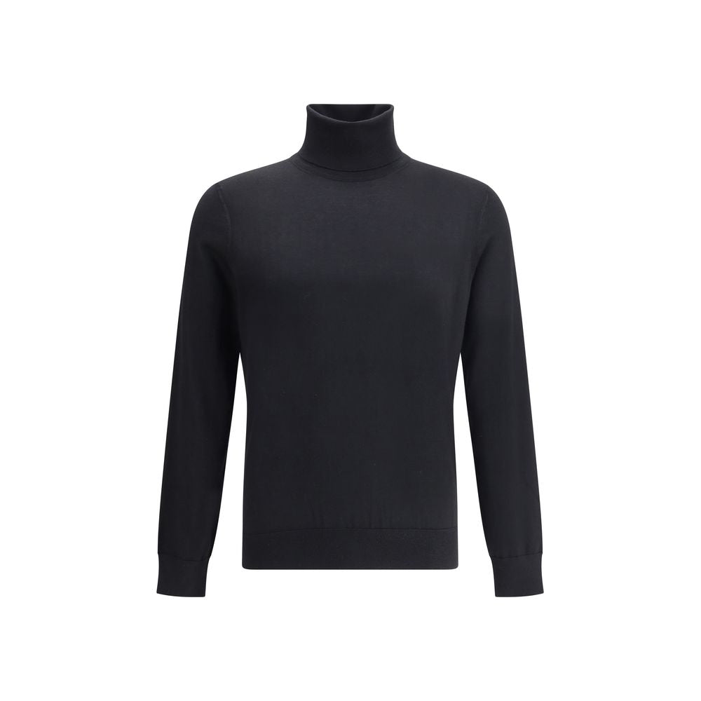 ZEGNA Black Cashmere Turtleneck sweater with ribbed cuffs and hem, made from fine cashmere and silk for a classic and sophisticated look.