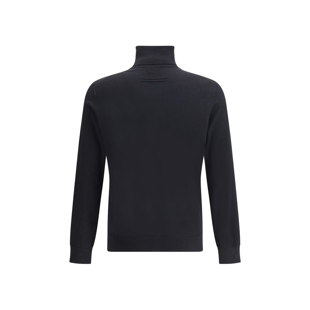 Back view of ZEGNA Black Cashmere Turtleneck, showcasing high collar, ribbed cuffs, and hem for an elegant and comfortable fit.