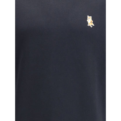 Maison Kitsuné Black Cotton Sweatshirt with embroidered Standing Fox patch on chest, featuring ribbed crew neck, cuffs, and hem.