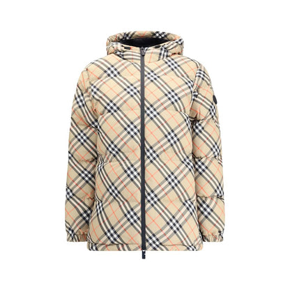 Burberry Beige Polyester Full-Length Jacket with iconic check pattern, adjustable hood, and zipper closure.