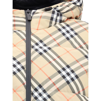 Close-up of Burberry Beige Polyester Full-Length Jacket with iconic check pattern and adjustable hood.