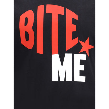 Dsquared² Black Cotton T-Shirt with "BITE ME" maxi print design on front, ribbed crew neck, and contrasting monogram on back.