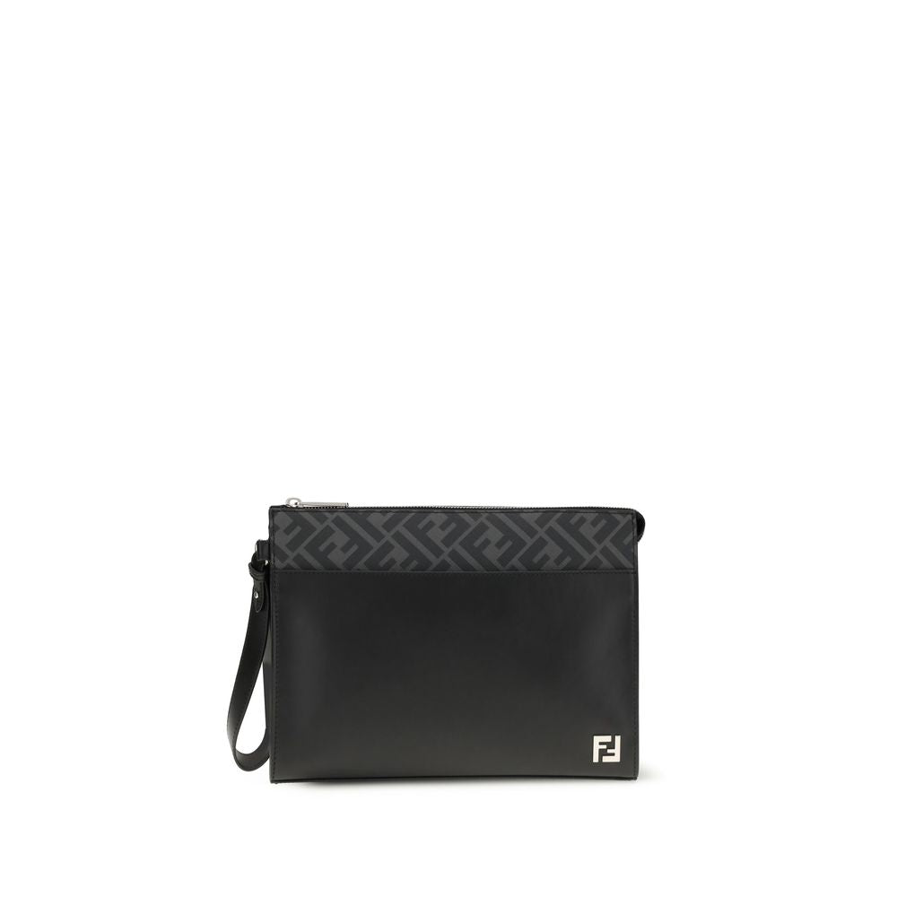 Fendi Black Leather Clutch Bag with FF metal logo and zipper closure with cuff handle, crafted from smooth leather and black FF canvas.