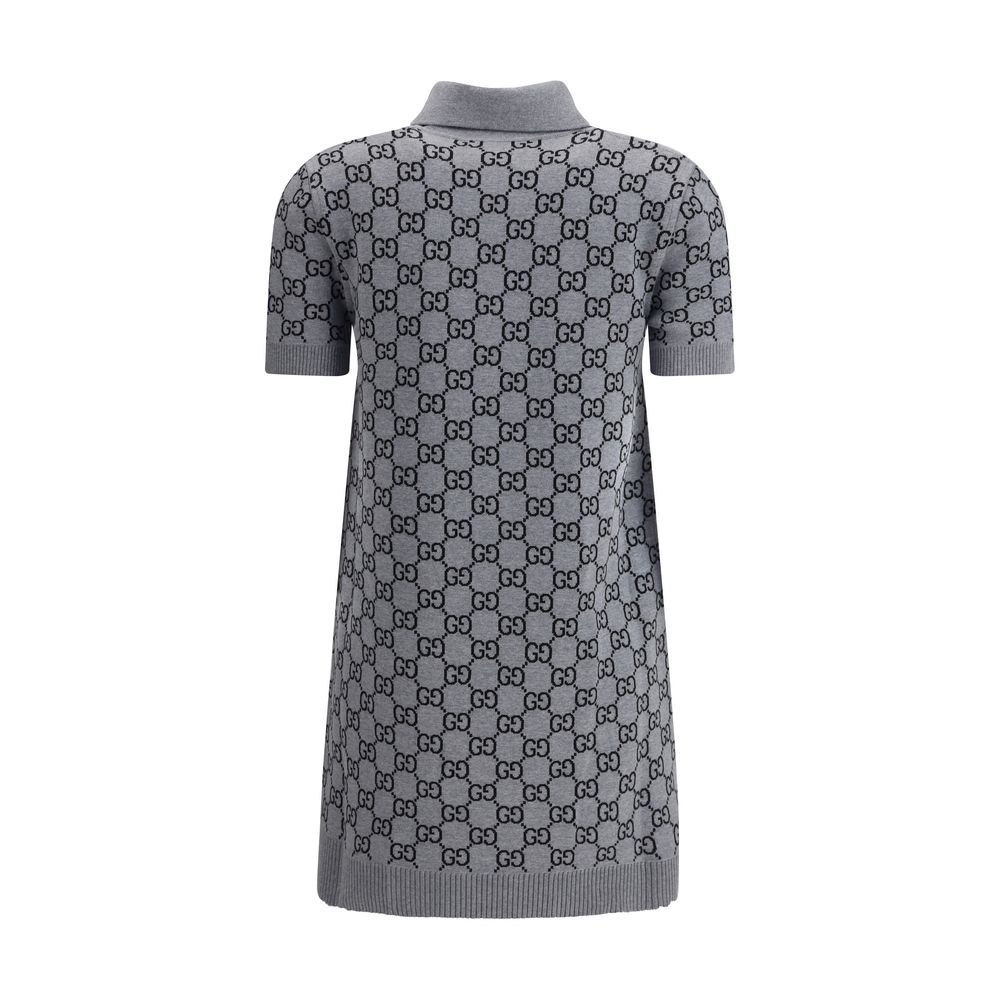 Back view of Gucci Gray Wool Casual Dress with GG Supreme pattern, featuring ribbed collar and hems for a chic, stylish look.