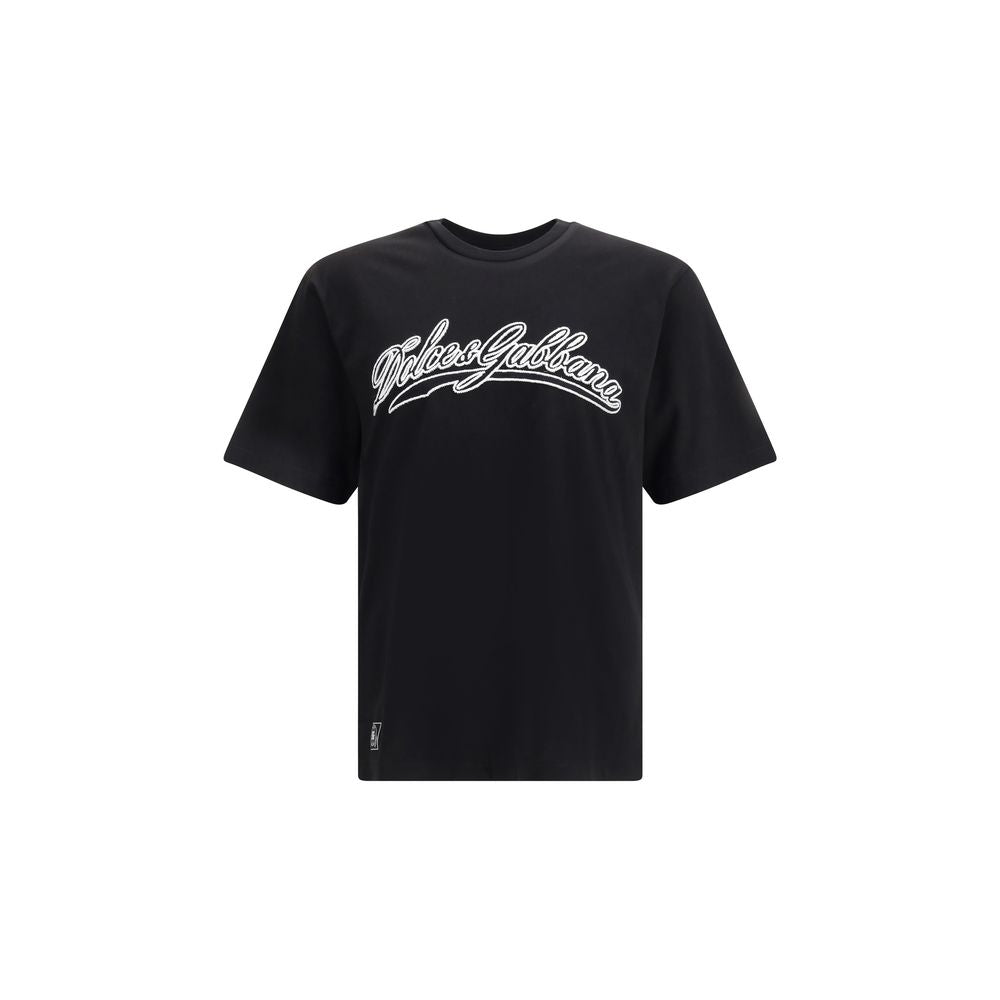Dolce & Gabbana Black Cotton T-Shirt with logo patch and ribbed crew neck, design for AW25 season, 100% cotton, regular fit.
